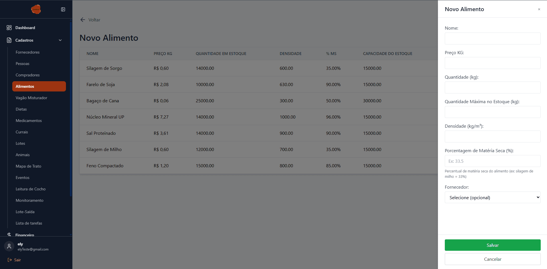 Cadastro de Itens do Confinar