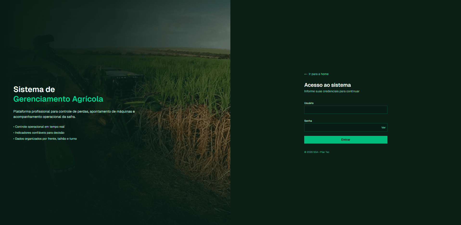 Tela de Login do SGA Agro